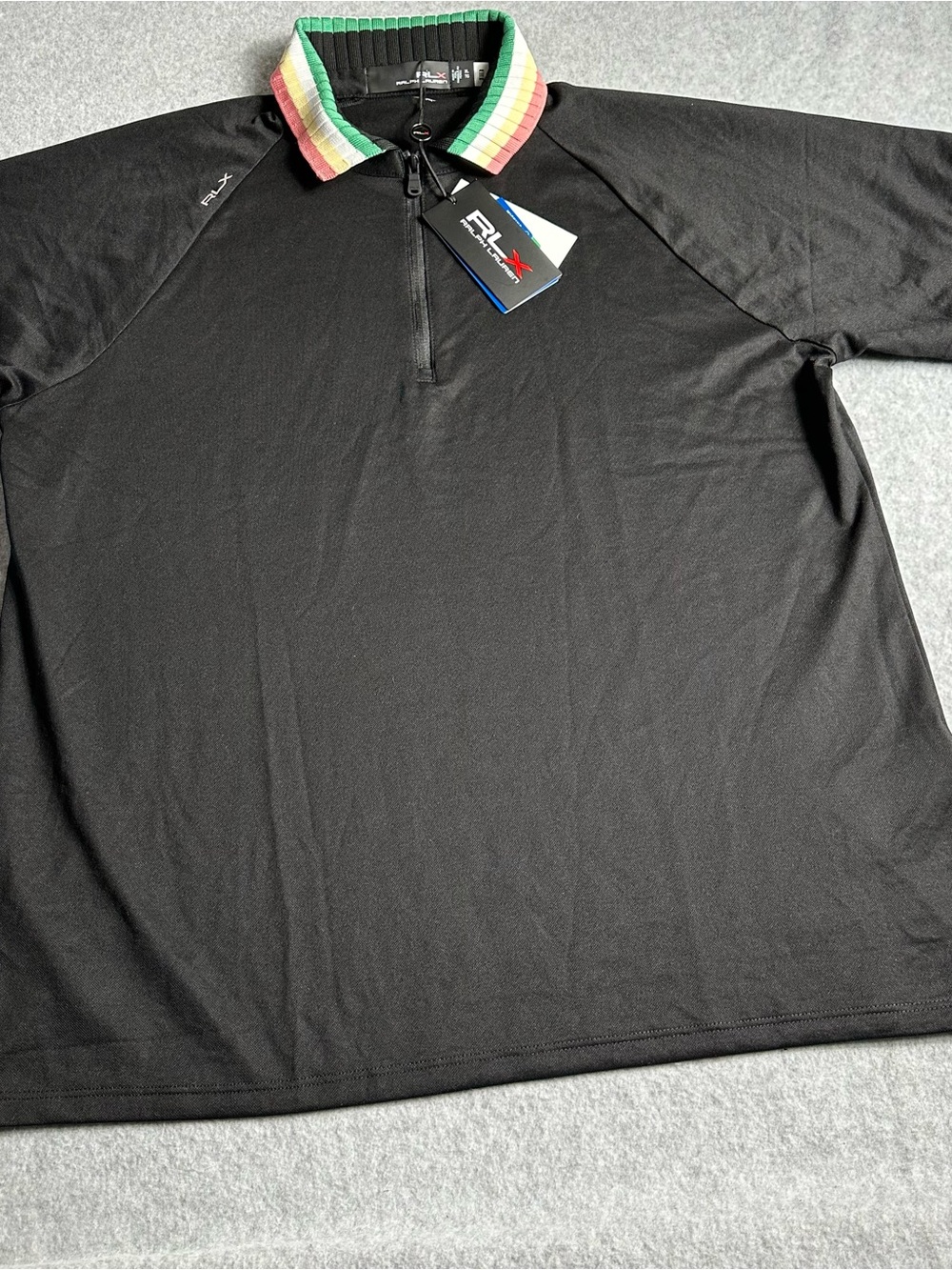 Ralph Lauren RLX Black Quarter-Zip Polo with Multicolor Striped Collar